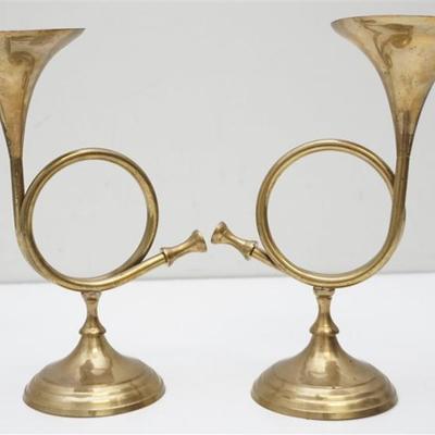 Pair of 20th c. Brass French Horn Candlesticks. 