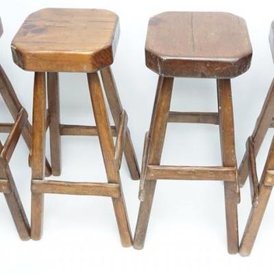 Four Vintage c. 1940 American Country Pine Bar Stools by Lennox Craftsmen of Hewlett, New York. Each measures 15