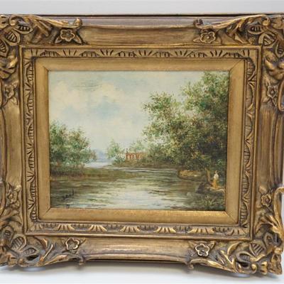 Late 19th, early 20th c. Continental Oil on Canvas Lakeside Landscape. Signed lower left, signature illegible. In ornate carved wood...