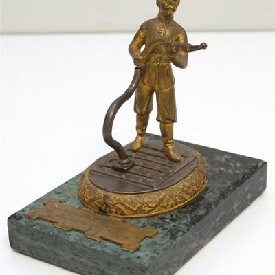 Antique Gilded Rare Austrian Bronze Fireman on Marble Plaque. Plaque reads Dem Verdienstvollen Obmanne die Feuerwehr Frankenburg.
