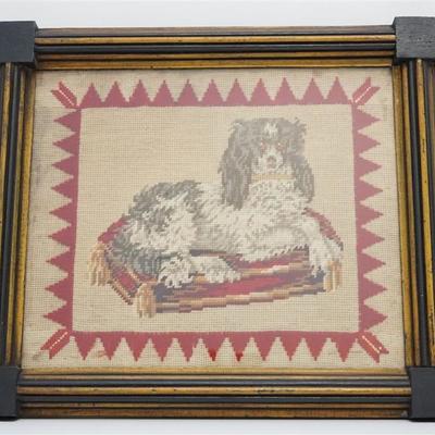 Antique c. 1840 Needlework Panel of Spaniel with gold collar on Pillow. 19th c. Victorian Frame under glass. Measures 21