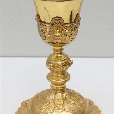 Antique Fine Cased French Silver Gilt Communion Chalice and Paten Set. Very ornate and finely detailed repousse work. Winged angel heads...