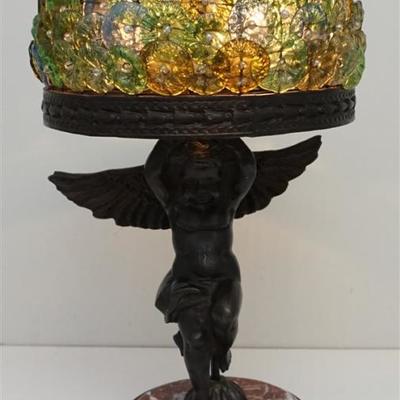 Older Figural Bronze Cherub Lamp with Intricate Ornate Czech Glass Beaded Floral Shade. Cherub on beveled red marble and bronze base....