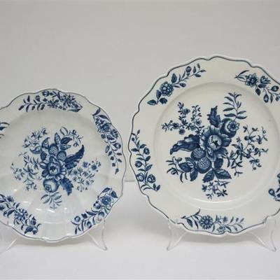 Pair of Dr Wall First Period c. 1770 Worcester Dessert Dish and Plate. Dish with scalloped everted rims, fluted sides, blue and white...