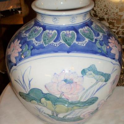 BLUE VASE WITH PINK FLOWERS