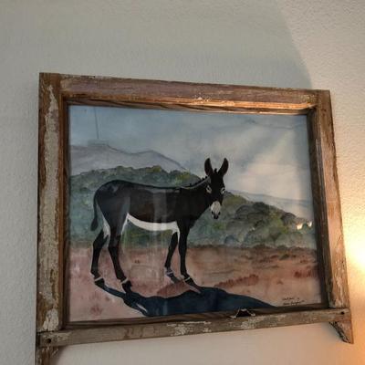 Fabulous watercolor with donkey in old distressed frame 