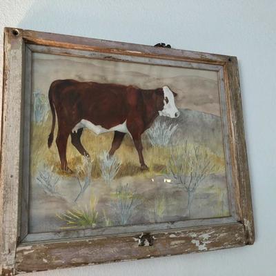 Watercolor of cow in old distressed frame 