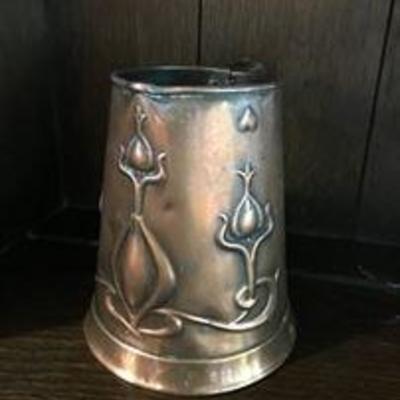Antique art nouveau copper pitcher by Joseph, Sankey & Sons. J. S. & S. England. Asking: $60.
