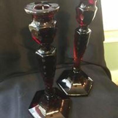 Fenton glass (cut) ruby red single candlestick holders. 10 inches tall. Rare. Gorgeous. Asking: $100 each.