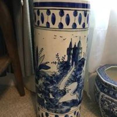 Spain. White and blue umbrella stand. Vintage. Asking: $125.