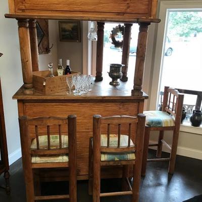 Fabulous vintage wooden bar with 3 stools. The top lifts off for easy loading. Was $825 now $500. 