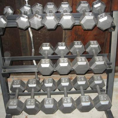Hex dumbbell set with rack