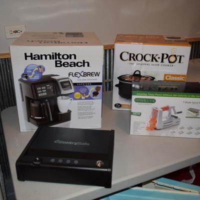 Crock Pot, Spiralizer, Hamilton Beach Flex Brew, & Sentry Safe