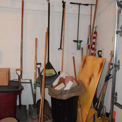Brooms, shovels, garage items