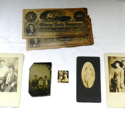 Group of antique photos and confederate money