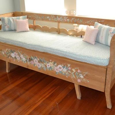 Pine storage bench with hand painted flowers