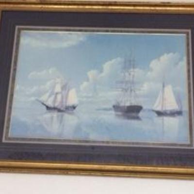 Gold Filligree Framed Print of Early American Sailing Ships (75 years old) 