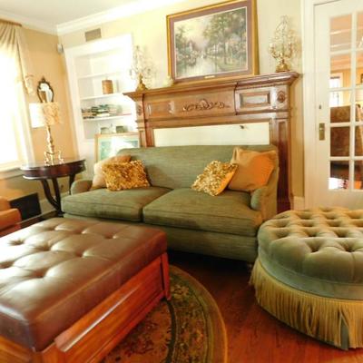 Living room with Drexel Heritage sofa and Ethan Allen chairs as well as leather ottoman with storage
