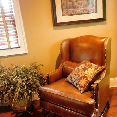leather wing back chair with studs