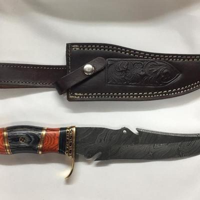 Custom Damascus 13" Bowie Knife w/ Olive & Rosewood Handle & Leather Sheath