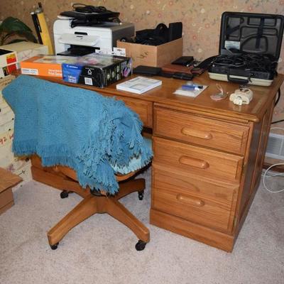 Wooden Desk, Chair, & Office Supplies