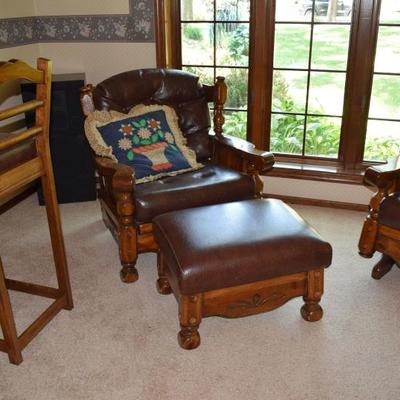 Leather & Wooden Chair w Ottoman