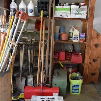 Shovels, Gasoline Cans, & Assorted Garage Items