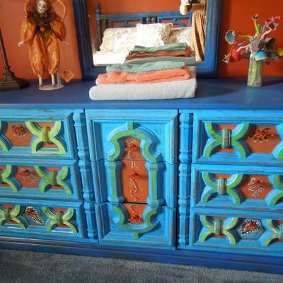 Custom painted colorful Boho wood lowboy chest of drawers with mirror