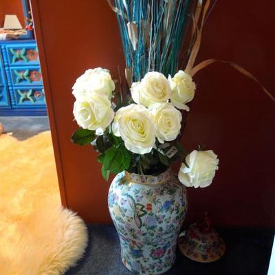 Large ginger jar with silk flower and dried grass arrangement