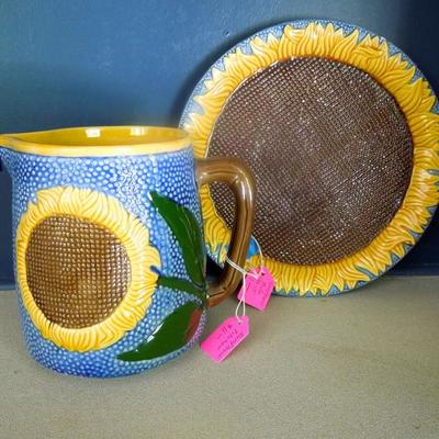 Sunflower ceramic pitcher and serving plate