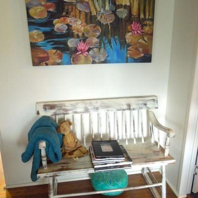 White distressed hall bench and original oil painting