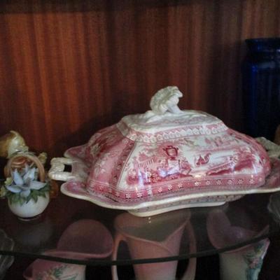 Antique red and white transferware vegetable dish, 1853