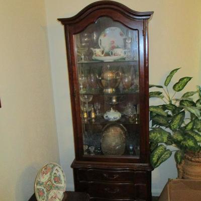 Hammary display cabinet with three drawers, antique glassware, some silver, porcelain