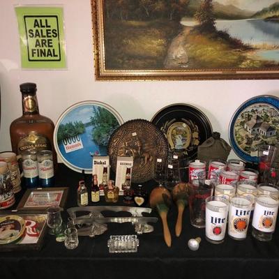 Barware, serving trays, glasses, collectibles 