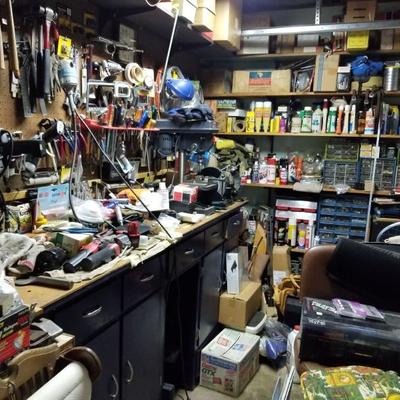 Tools, Jewelry making tools, NOS auto parts, Paints, lubricants. drill press, Bench grinder, Flashlights