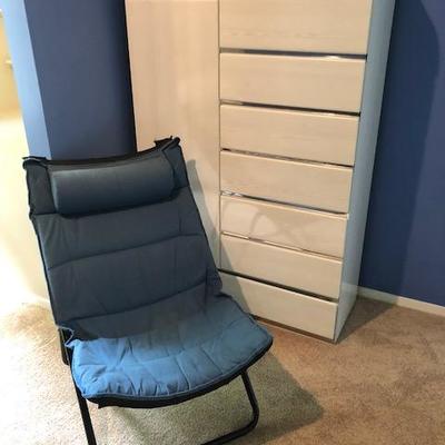 Modern White Dresser and Blue Chair