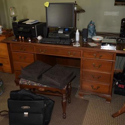Desk, bench, computer, printer, lamps, decor items