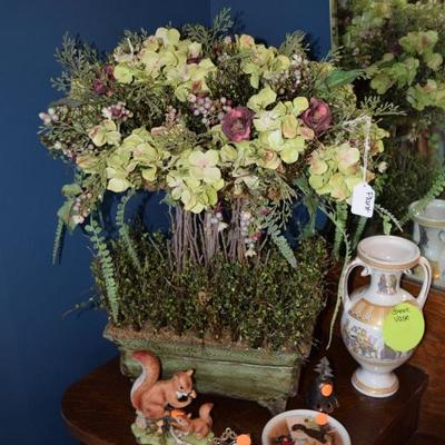 Floral arrangement, figurines, decor items