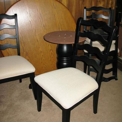black pedestal oak top round kitchen table with 4 chairs.   BUY IT NOW  $ 195.00