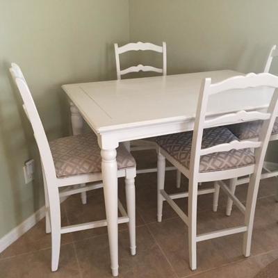 White high top table with leaf and 4 chairs, $425
