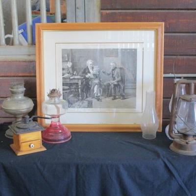 Antique newspaper illustration in a frame, with a vintage railway lantern