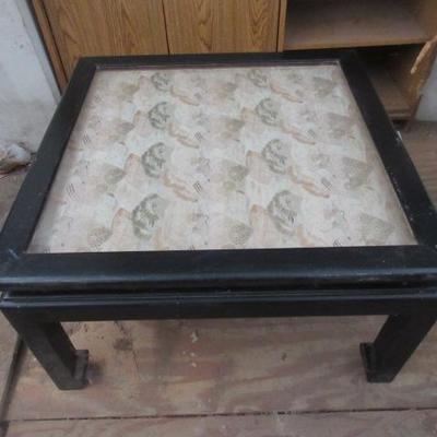 Vintage Asian inspired wooden coffee table, with the ability to insert a textile / cloth / picture under the glass