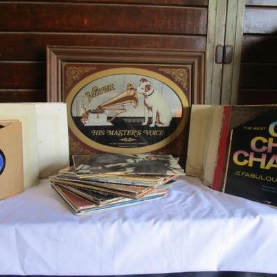 Vintage RCA Victor Mirror and a large collection of vintage albums