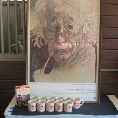Awesome print of Albert Einstein fully framed, with some Beverly Hills CafÃ© coffee mugs