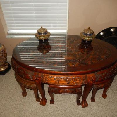 Oval Asian Cocktail Table with Stools, More Cloisonne