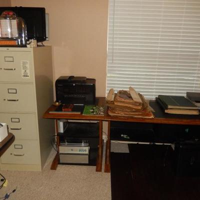 Desk, File Cabinet, Printer