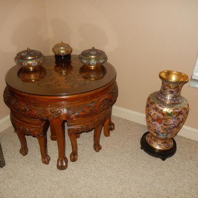 Asian Cocktail Table with Stools, Cloisonne