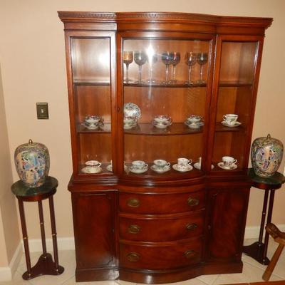 Antique China Cabinet, Marble Top Pedestals, Asian Jars