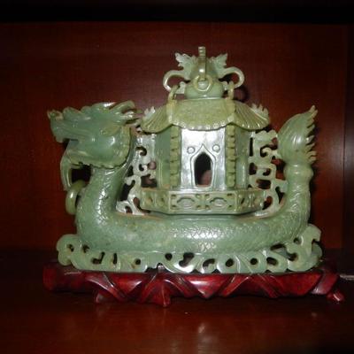 Carved Jade Dragon with Pagoda