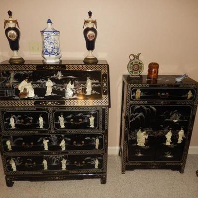 Asian Drop Front Desk & Chest with Mother of Pearl Design